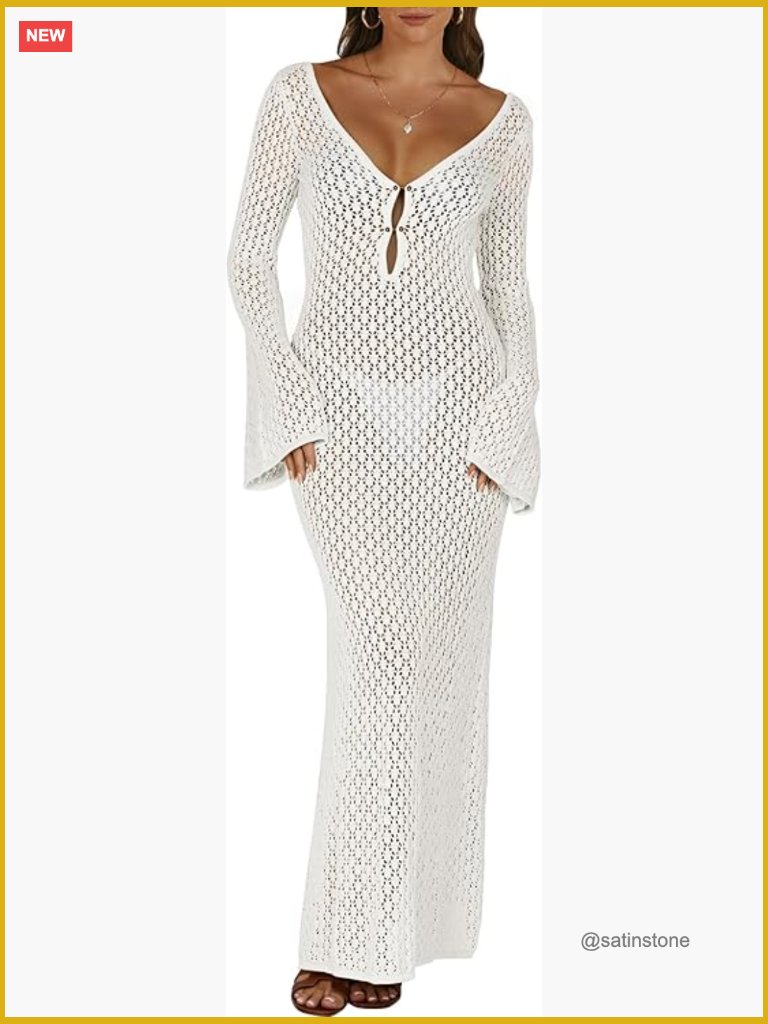 Crochet Knit Swim Cover Up Beach Dress V-Neck Hollow Out Bodycon Summer Vacation